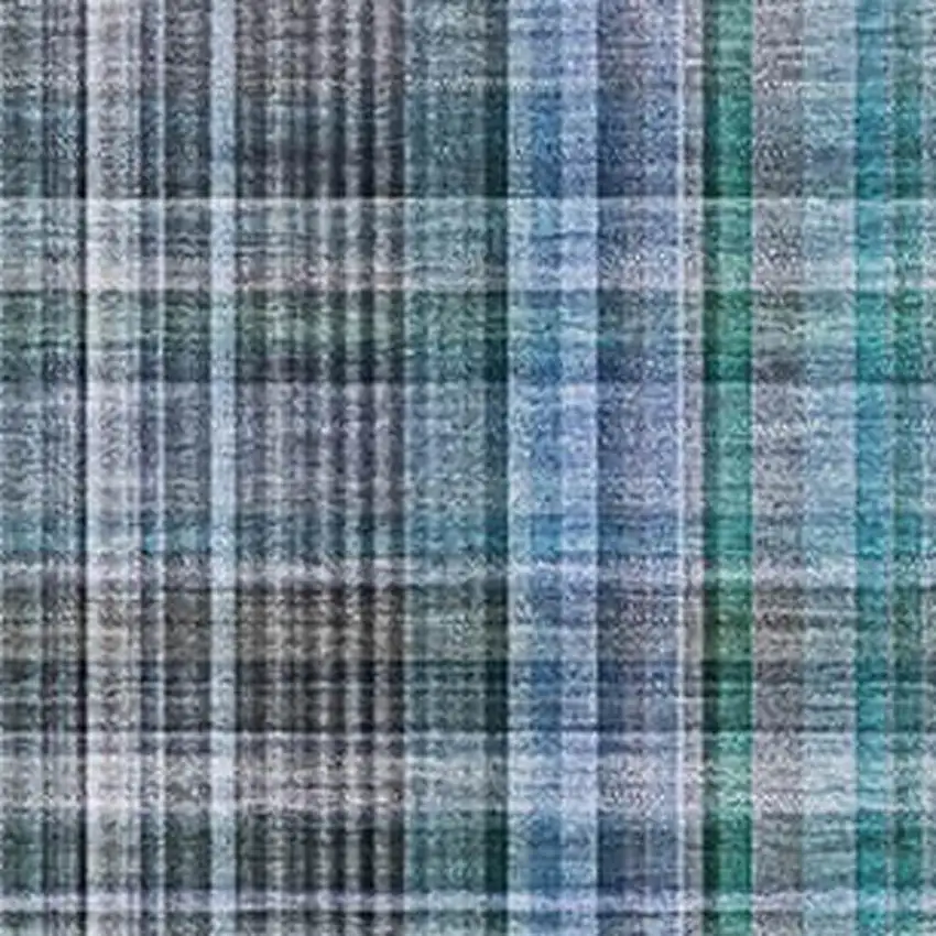 Teal And Gray Plaid Washable Area Rug With UV Protection Photo 3