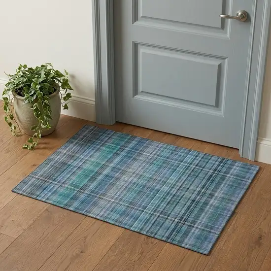 Teal And Gray Plaid Washable Area Rug With UV Protection Photo 1
