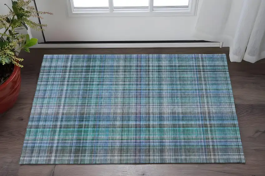 Teal And Gray Plaid Washable Area Rug With UV Protection Photo 2