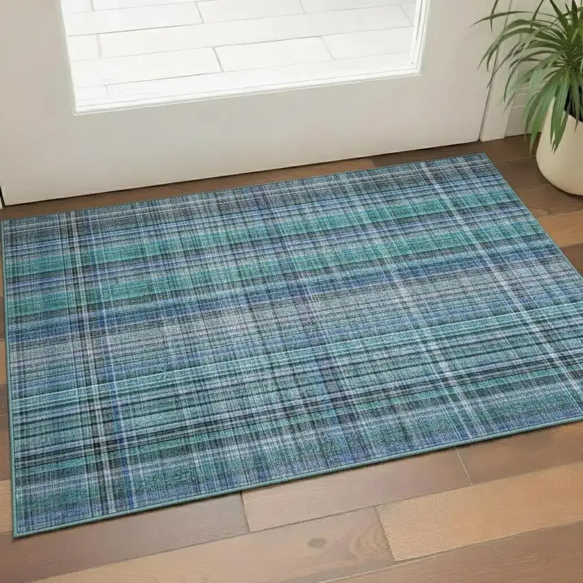 Teal And Gray Plaid Washable Area Rug With UV Protection Photo 1