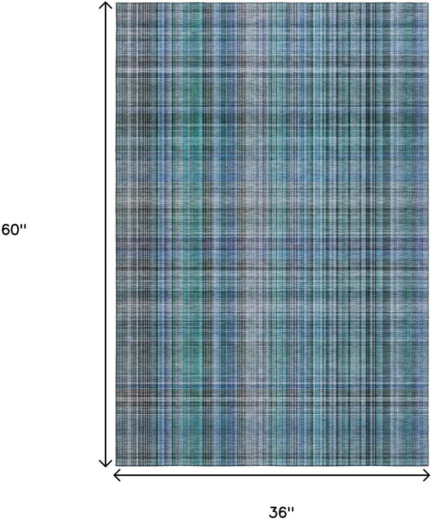 Teal And Gray Plaid Washable Area Rug With UV Protection Photo 3