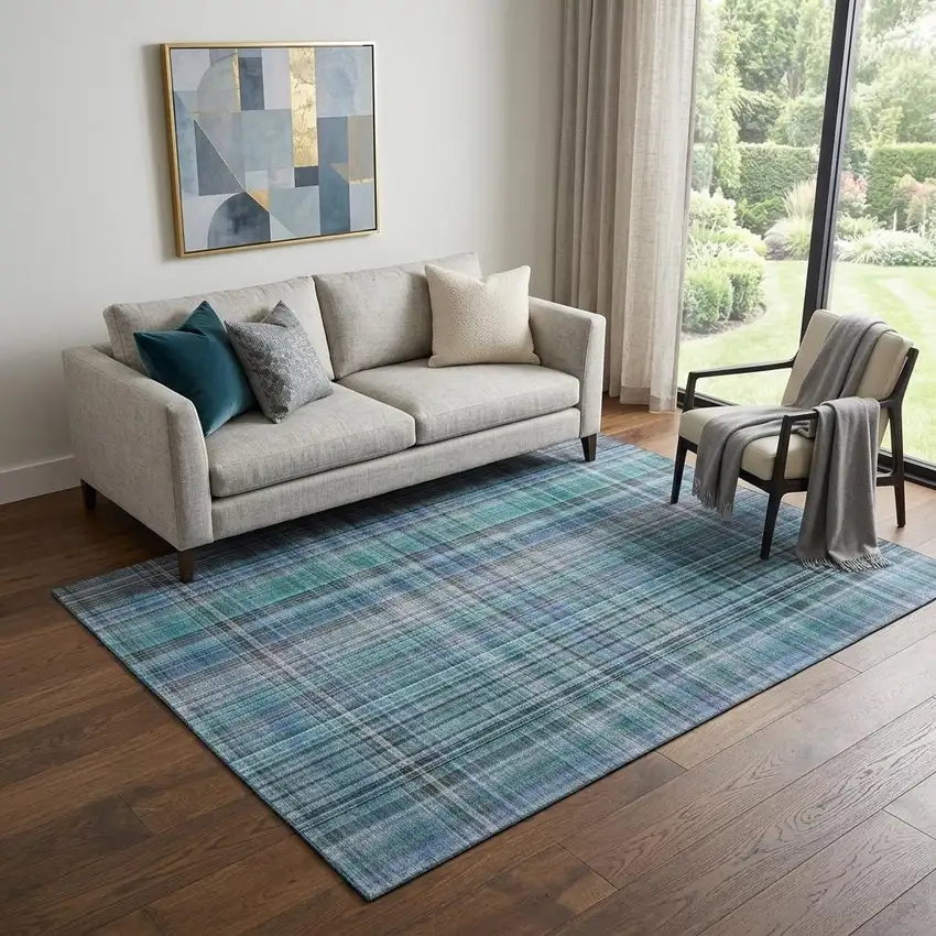 Teal And Gray Plaid Washable Area Rug With UV Protection Photo 1