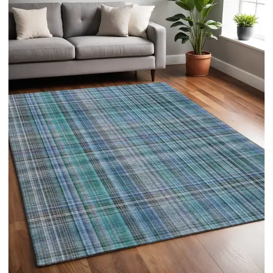 Teal And Gray Plaid Washable Area Rug With UV Protection Photo 2