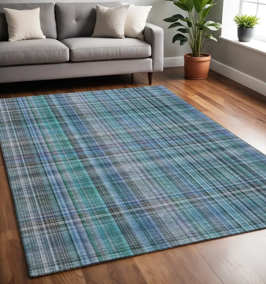 Teal And Gray Plaid Washable Area Rug With UV Protection Photo 2