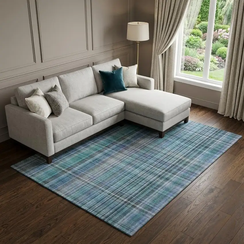 Teal And Gray Plaid Washable Area Rug With UV Protection Photo 1