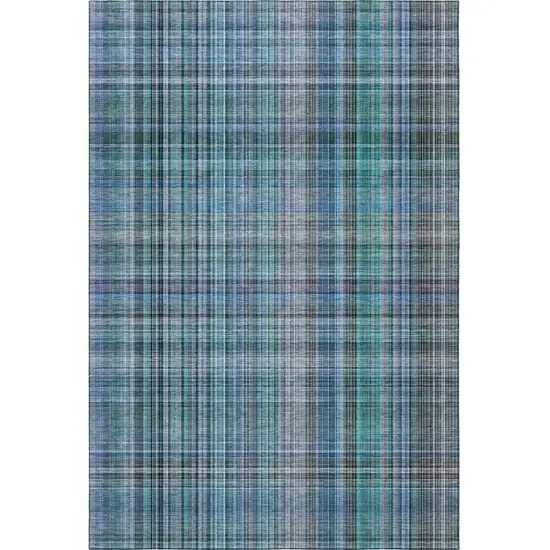 Teal And Gray Plaid Washable Area Rug With UV Protection Photo 4
