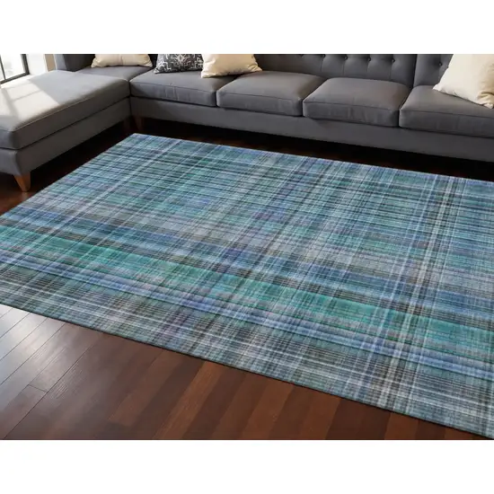 Teal And Gray Plaid Washable Area Rug With UV Protection Photo 2