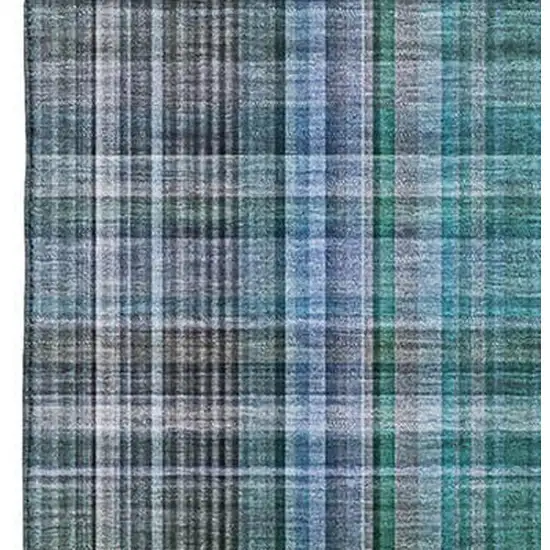 Teal And Gray Plaid Washable Area Rug With UV Protection Photo 3