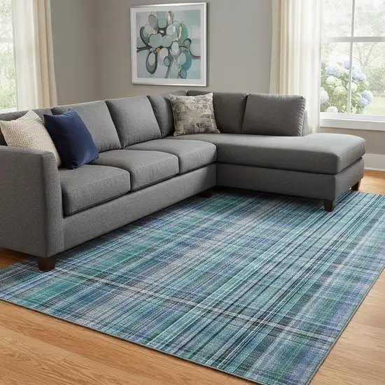 Teal And Gray Plaid Washable Area Rug With UV Protection Photo 1