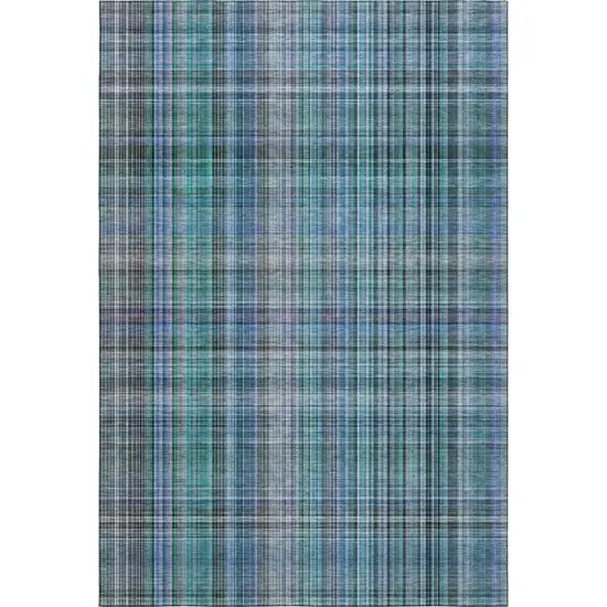 Teal And Gray Plaid Washable Area Rug With UV Protection Photo 1