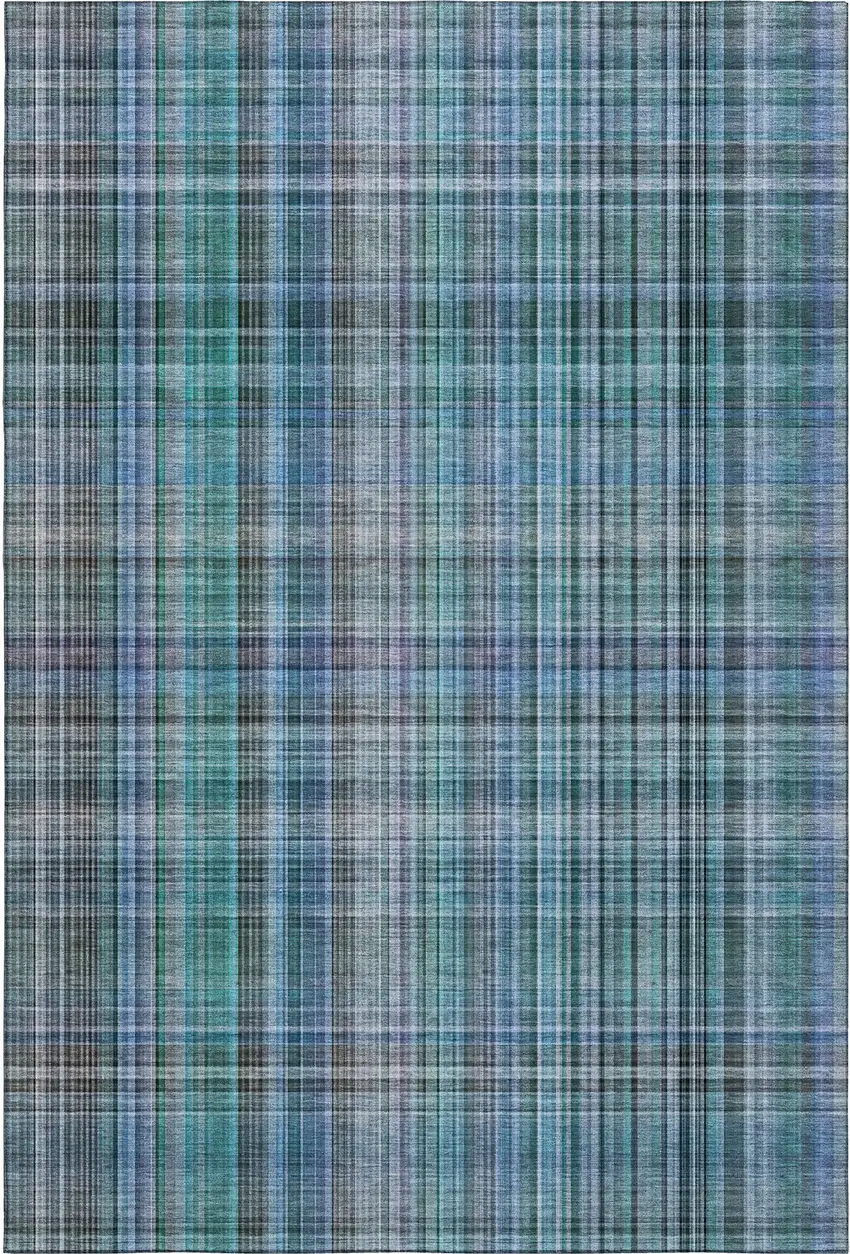 Teal And Gray Plaid Washable Area Rug With UV Protection Photo 1