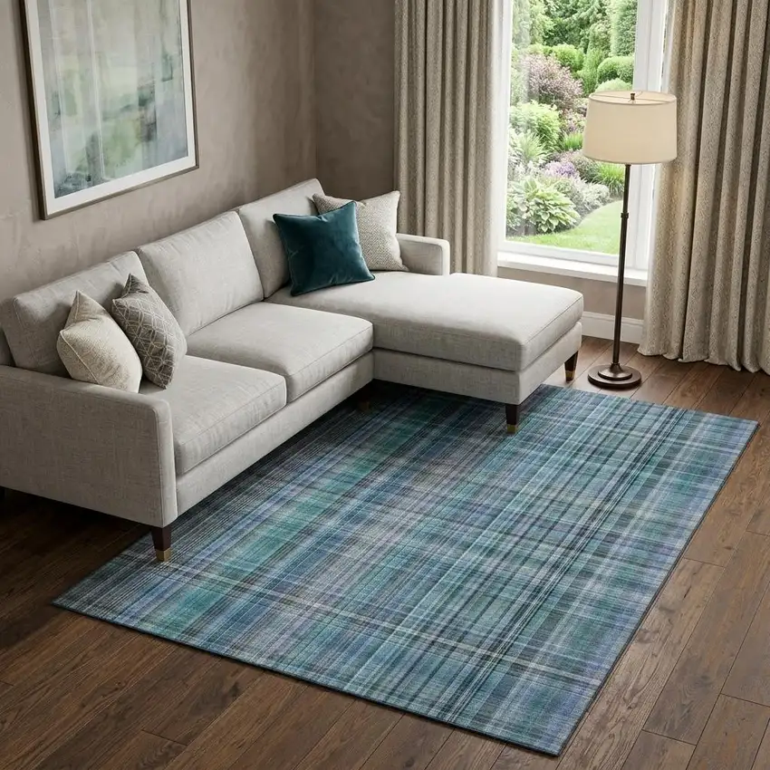 Teal And Gray Plaid Washable Area Rug With UV Protection Photo 1