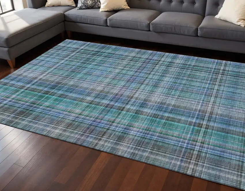 Teal And Gray Plaid Washable Area Rug With UV Protection Photo 2