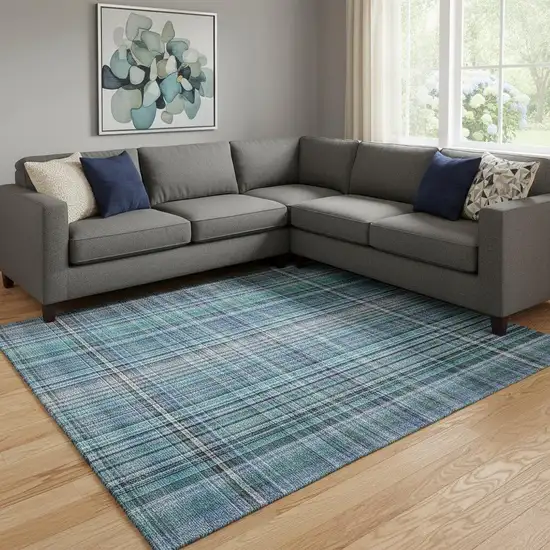 Teal And Gray Plaid Washable Area Rug With UV Protection Photo 1