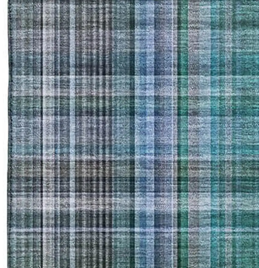 Teal And Gray Plaid Washable Area Rug With UV Protection Photo 4