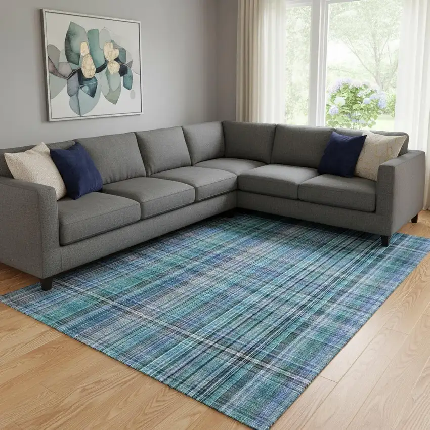 Teal And Gray Plaid Washable Area Rug With UV Protection Photo 1