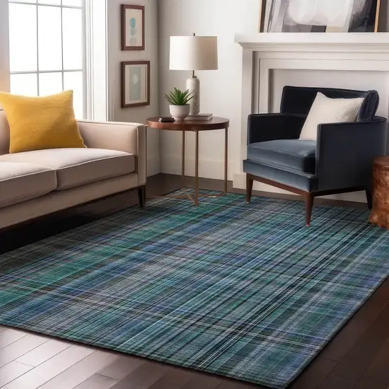 Teal And Gray Plaid Washable Area Rug With UV Protection Photo 5