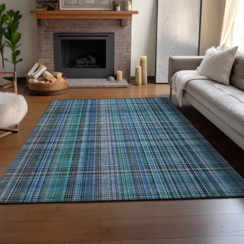 Teal And Gray Plaid Washable Area Rug With UV Protection Photo 6
