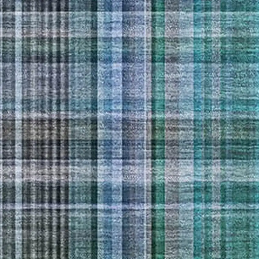 Teal And Gray Plaid Washable Area Rug With UV Protection Photo 3