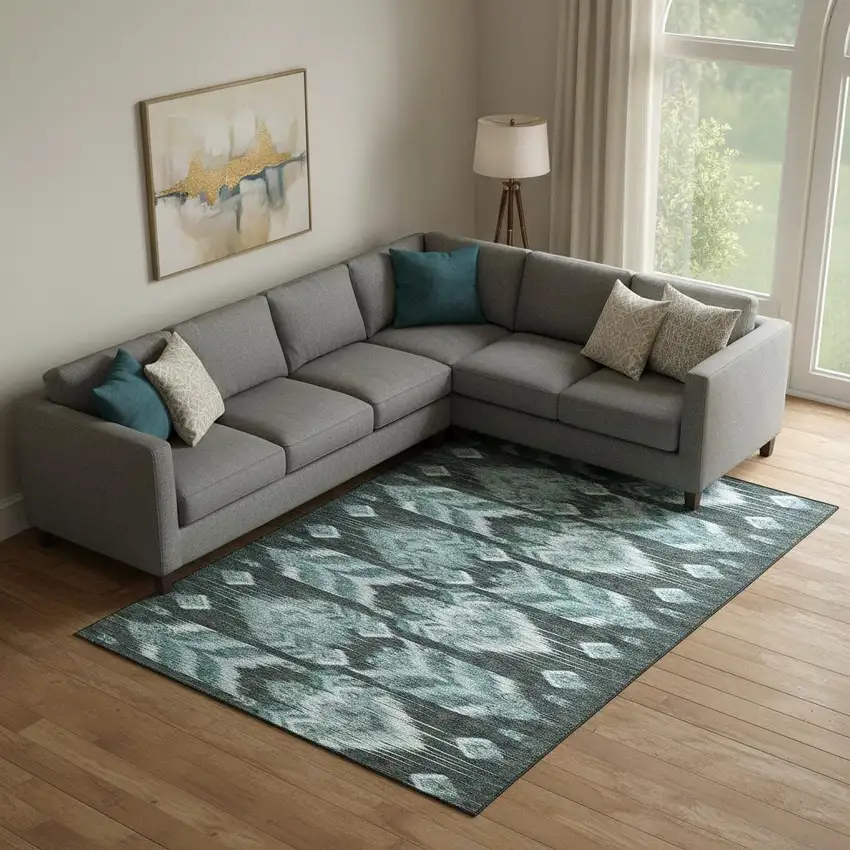 Teal And Gray Southwestern Washable Area Rug With UV Protection Photo 1