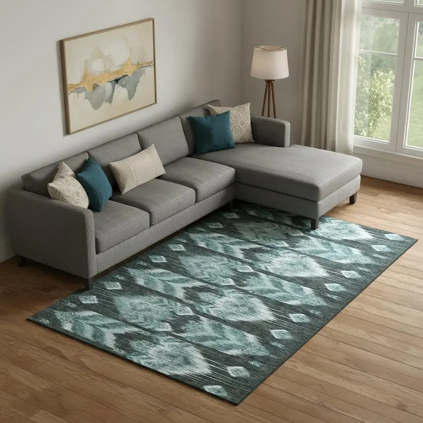 Teal And Gray Southwestern Washable Area Rug With UV Protection Photo 1