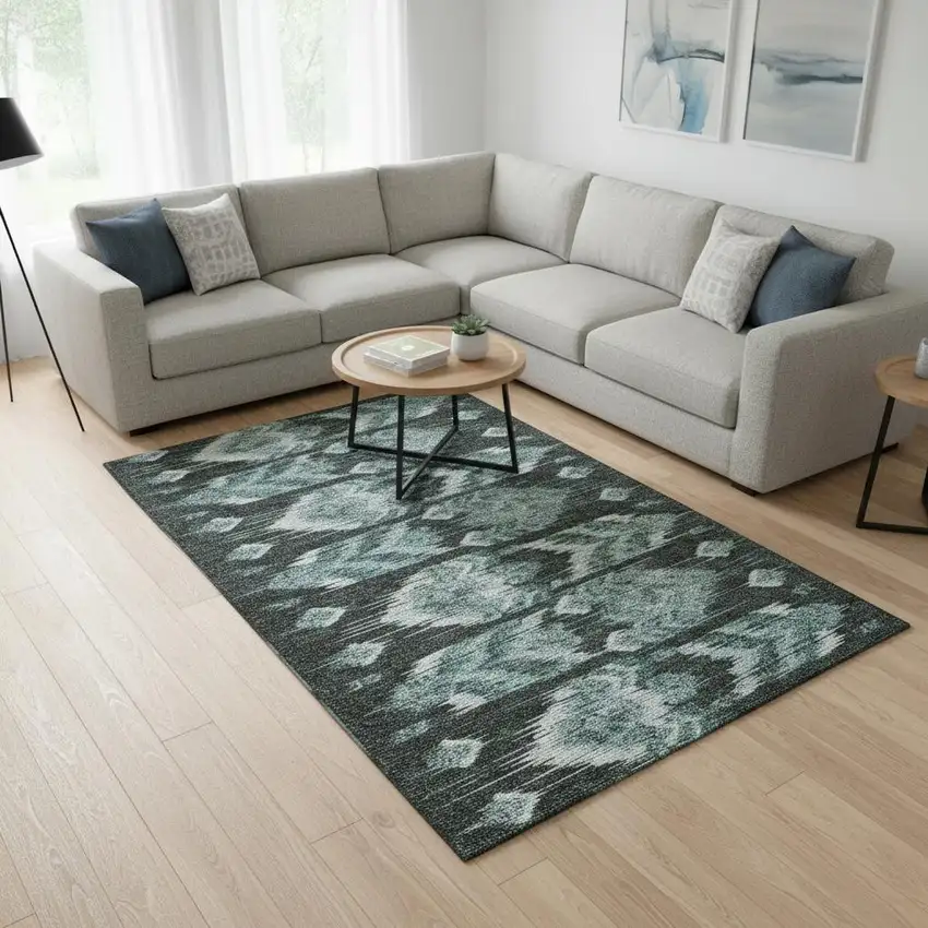 Teal And Gray Southwestern Washable Area Rug With UV Protection Photo 2