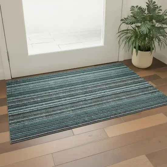 Teal And Gray Striped Washable Area Rug With UV Protection Photo 1