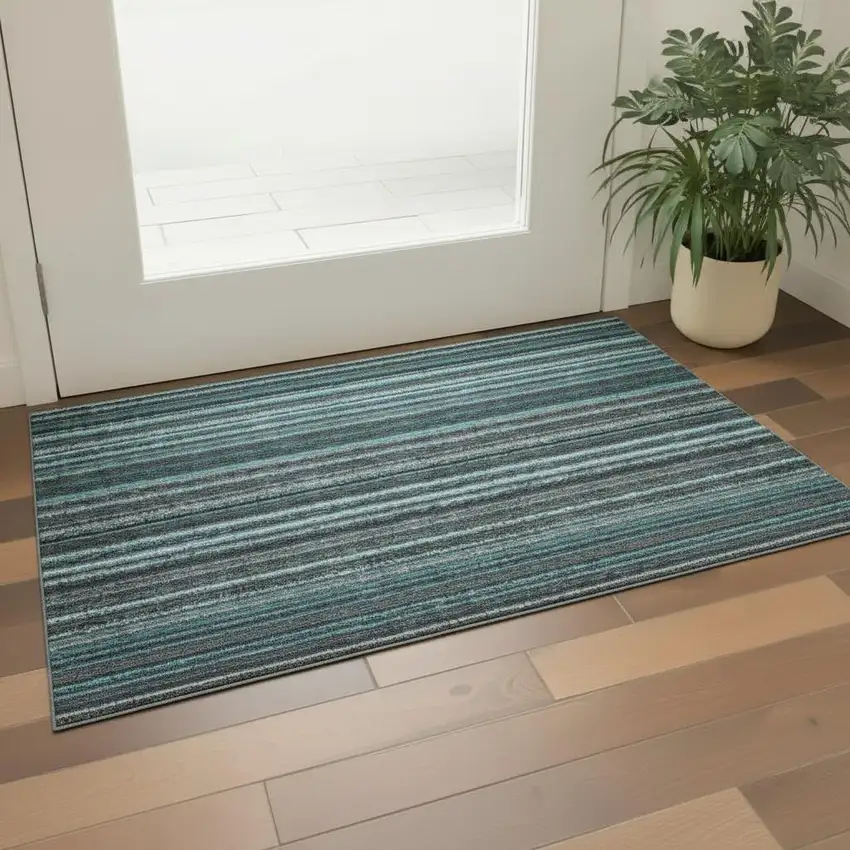 Teal And Gray Striped Washable Area Rug With UV Protection Photo 1