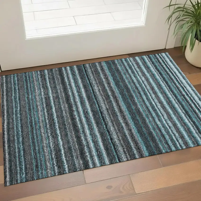 Teal And Gray Striped Washable Area Rug With UV Protection Photo 1