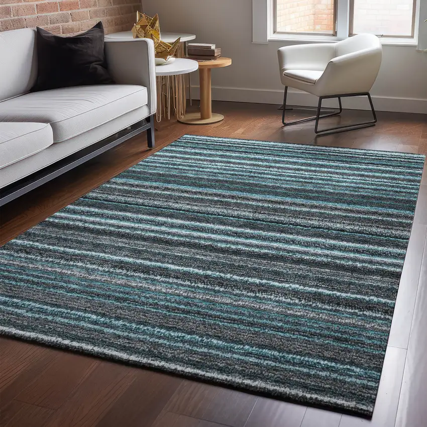 Teal And Gray Striped Washable Area Rug With UV Protection Photo 6