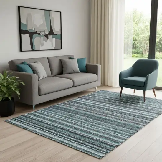Teal And Gray Striped Washable Area Rug With UV Protection Photo 2