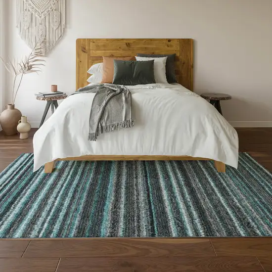 Teal And Gray Striped Washable Area Rug With UV Protection Photo 6