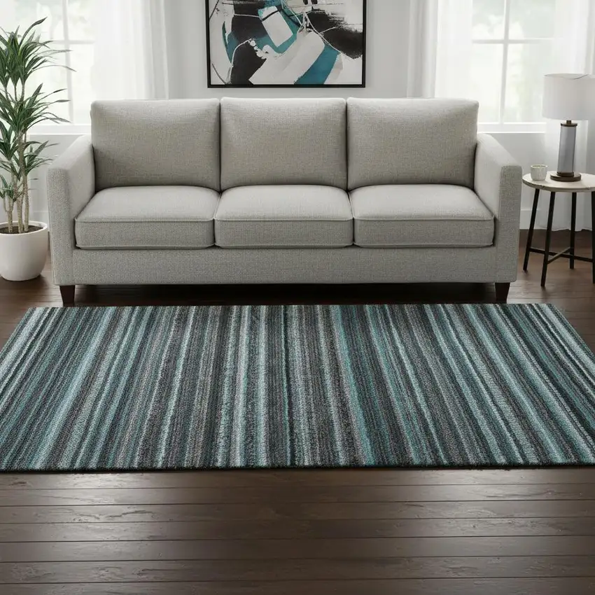 Teal And Gray Striped Washable Area Rug With UV Protection Photo 2