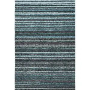Photo of Teal And Gray Striped Washable Area Rug With UV Protection