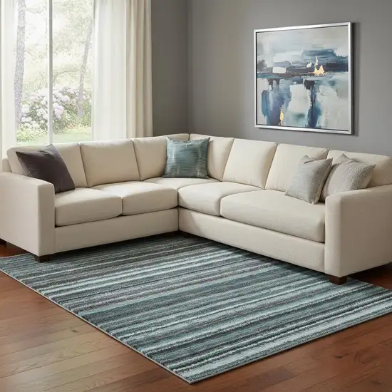 Teal And Gray Striped Washable Area Rug With UV Protection Photo 1