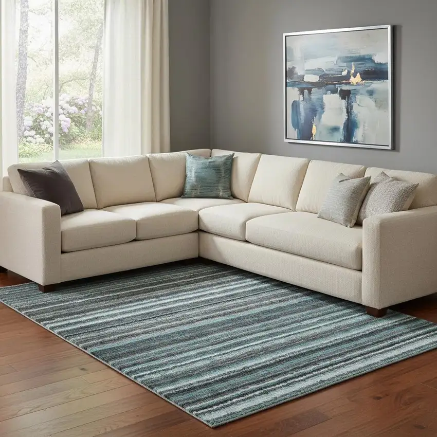 Teal And Gray Striped Washable Area Rug With UV Protection Photo 1
