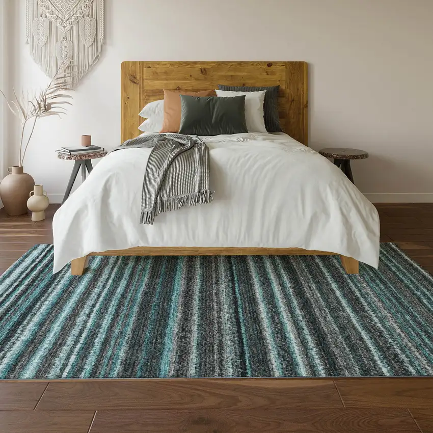 Teal And Gray Striped Washable Area Rug With UV Protection Photo 6