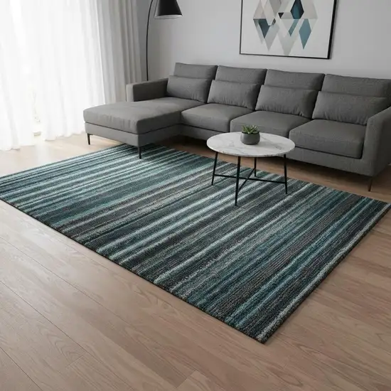 Teal And Gray Striped Washable Area Rug With UV Protection Photo 2