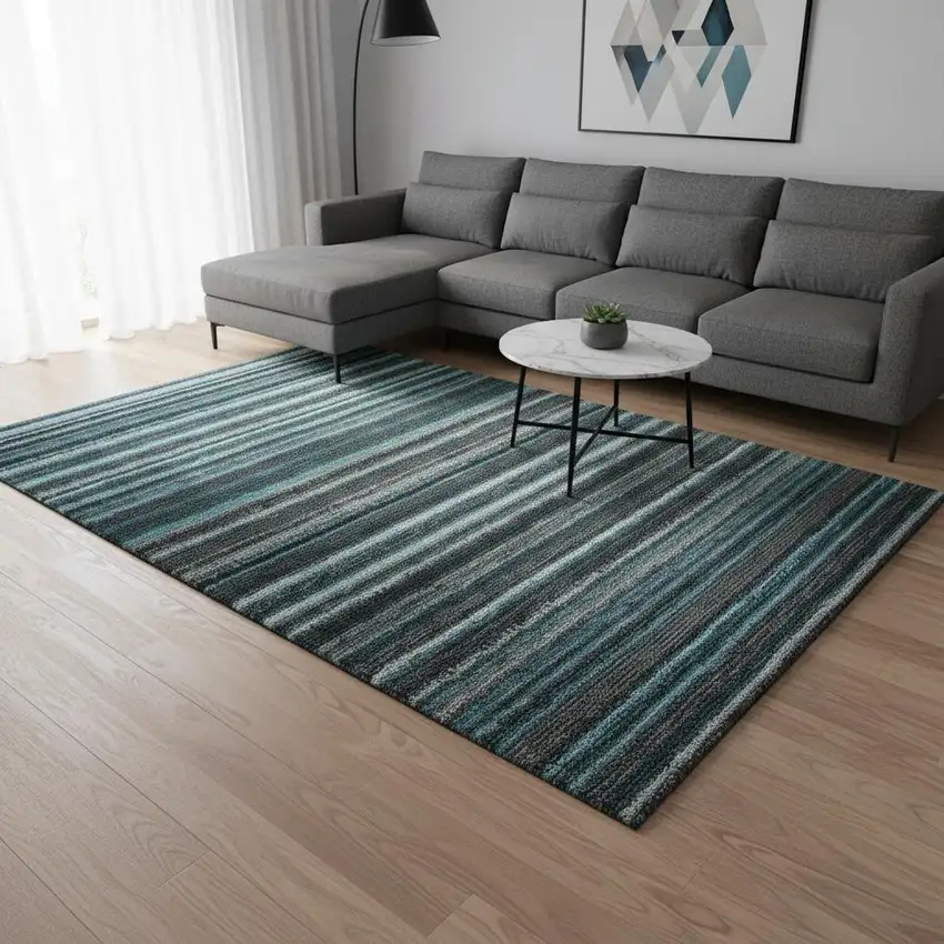 Teal And Gray Striped Washable Area Rug With UV Protection Photo 2