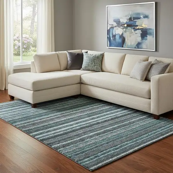 Teal And Gray Striped Washable Area Rug With UV Protection Photo 1