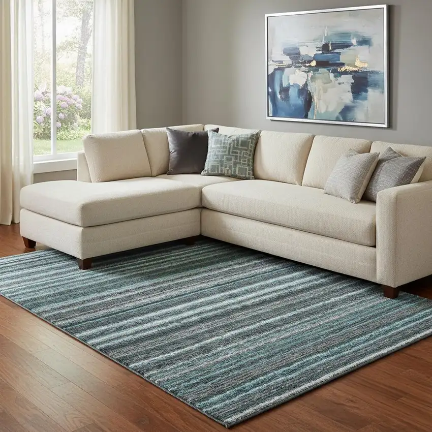 Teal And Gray Striped Washable Area Rug With UV Protection Photo 1