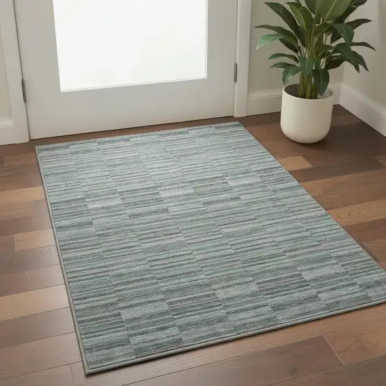 Teal And Gray Striped Washable Area Rug With UV Protection Photo 2