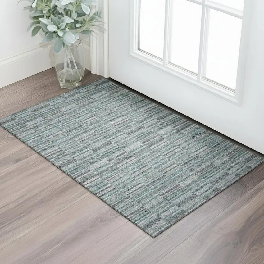 Teal And Gray Striped Washable Area Rug With UV Protection Photo 1