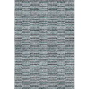 Photo of Teal And Gray Striped Washable Area Rug With UV Protection