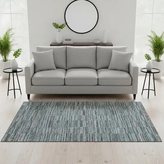 Teal And Gray Striped Washable Area Rug With UV Protection Photo 2
