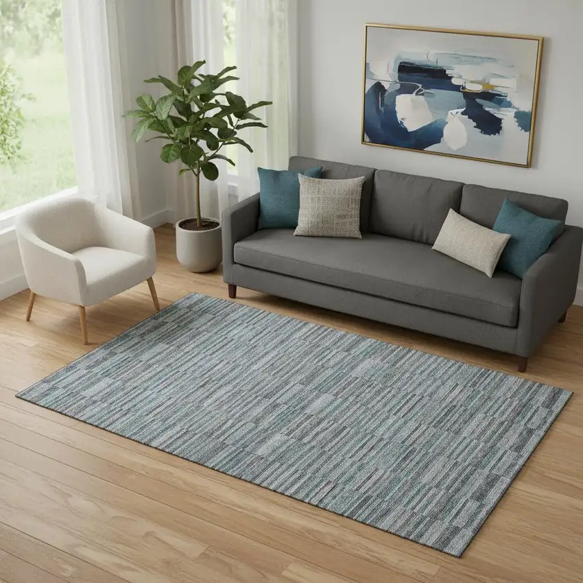 Teal And Gray Striped Washable Area Rug With UV Protection Photo 1