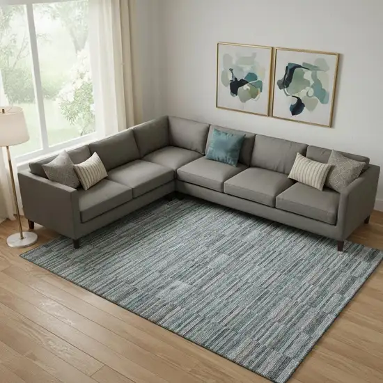 Teal And Gray Striped Washable Area Rug With UV Protection Photo 1