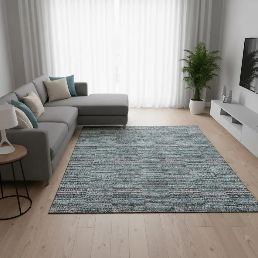 Teal And Gray Striped Washable Area Rug With UV Protection Photo 2