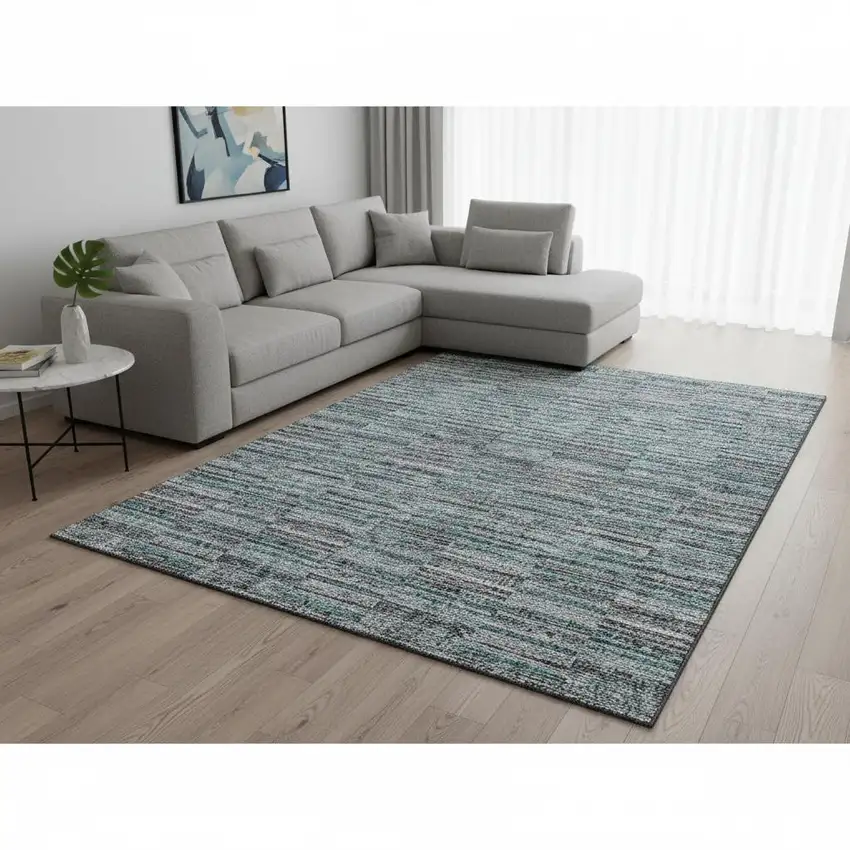 Teal And Gray Striped Washable Area Rug With UV Protection Photo 2