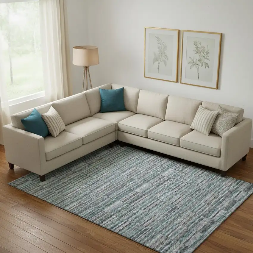 Teal And Gray Striped Washable Area Rug With UV Protection Photo 1